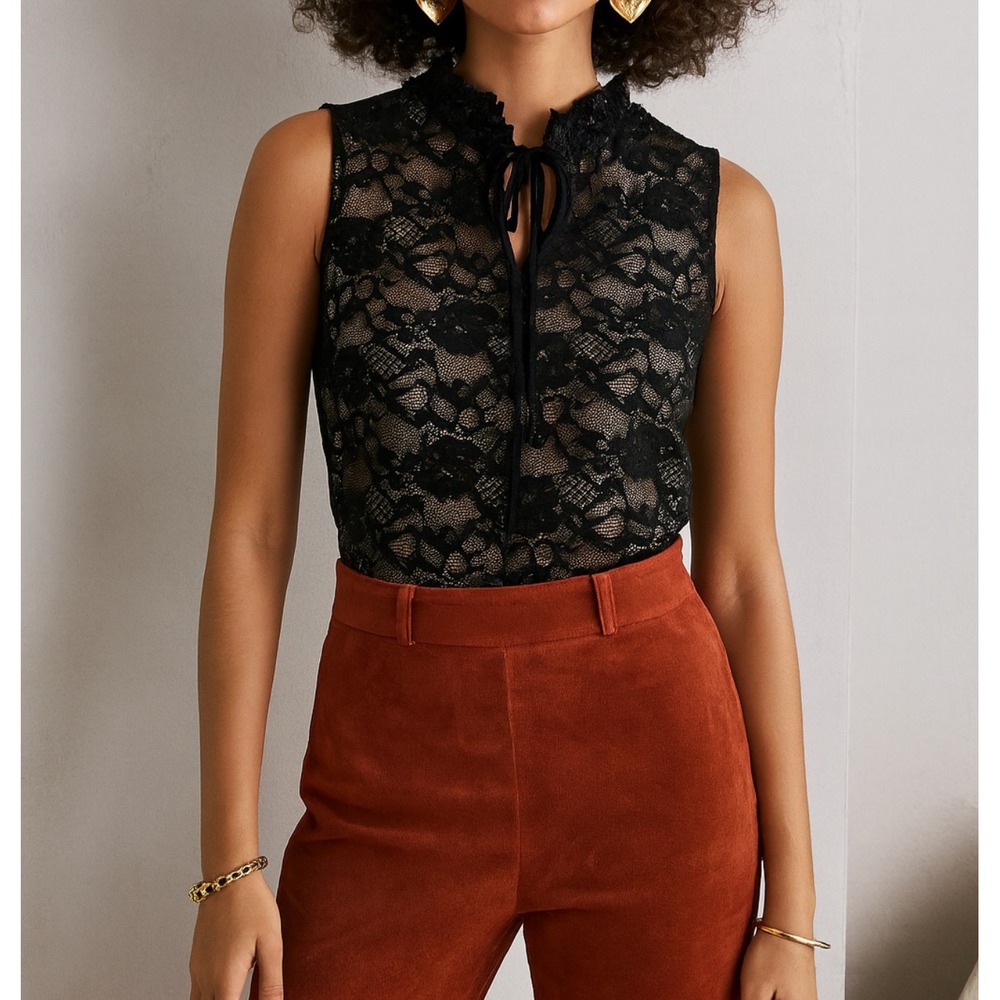 Perseption sz S Women's Sheer Black Floral Lace Tie Neck Lined Top Romantic Chic